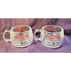 2 Original Vintage CONOCO Clear Glass Coffee Cup Mugs